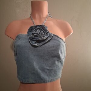 SHEIN Light Blue Denim Crop Top Halter Neck Rose Detail Size 6